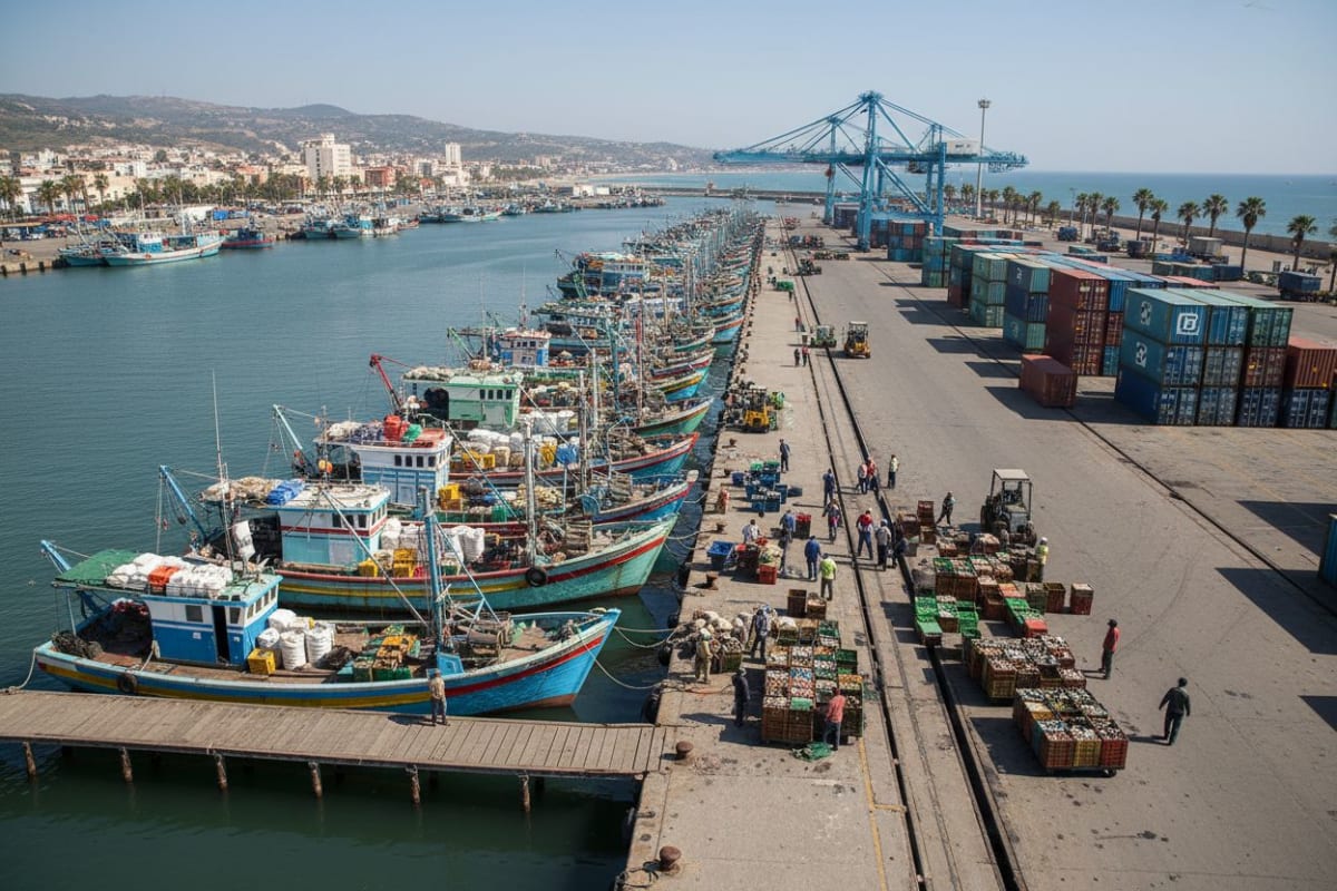 Global shipping port with fishing vessels