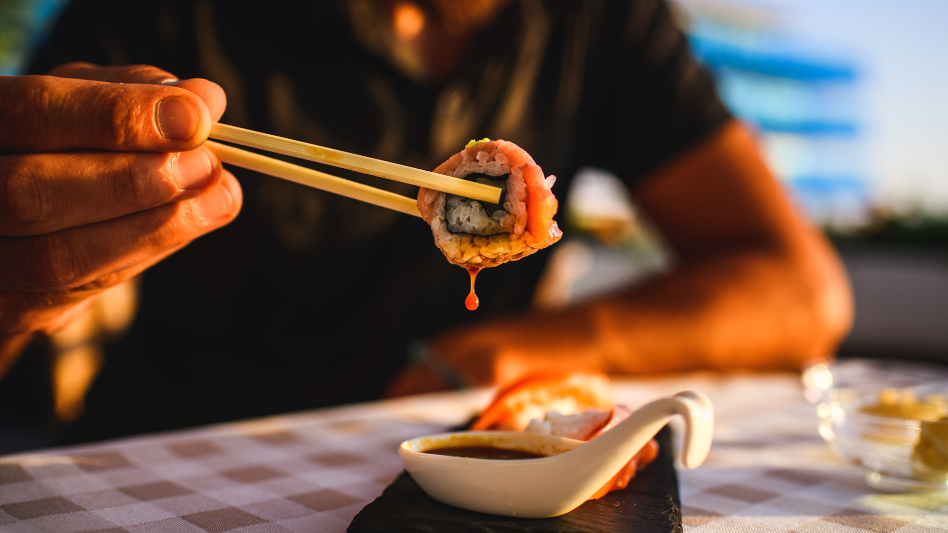 Premium tuna sushi with chopsticks